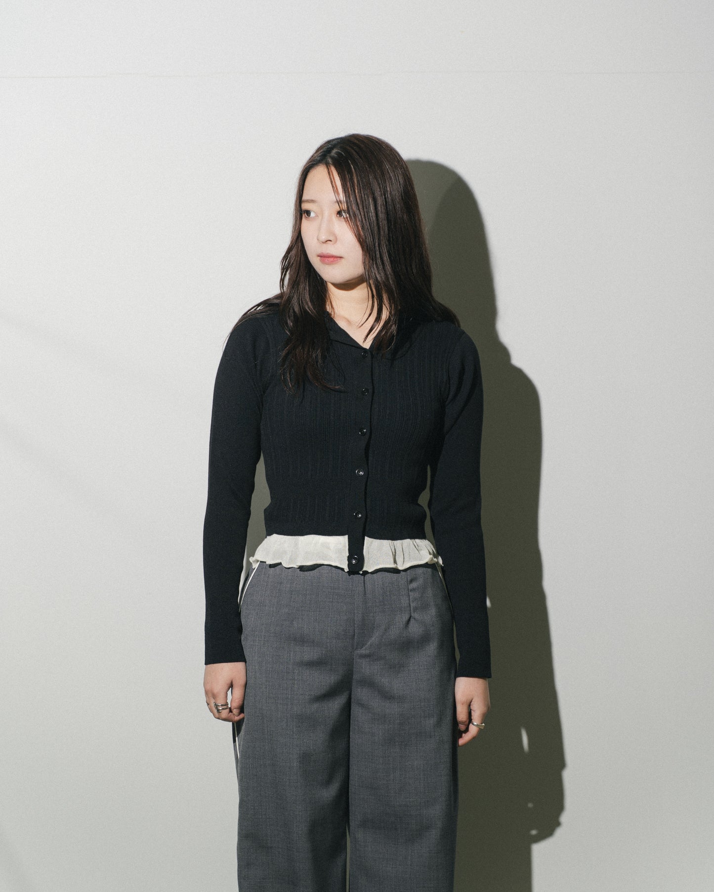 16G RIB HOOD CARDIGAN - BLACK