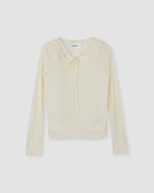 WOOL RIB FRONT STRING PULLOVER - OFF WHITE