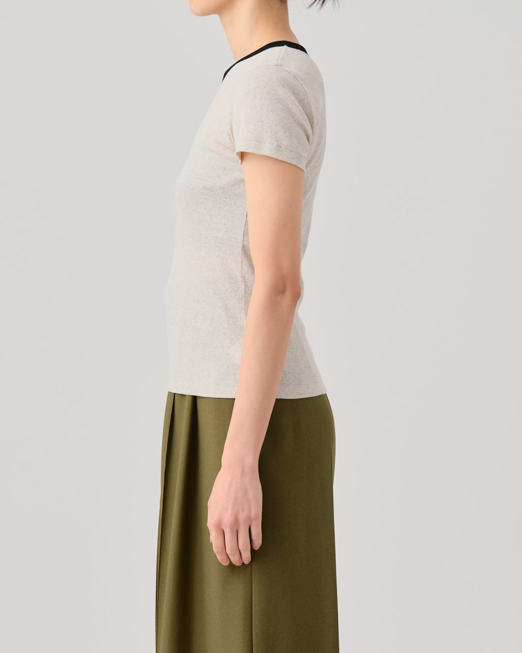 FRESCA ZERO LIGHT RIB CREW NECK SHORT SLEEVE T - P.RED×BEIGE TOP