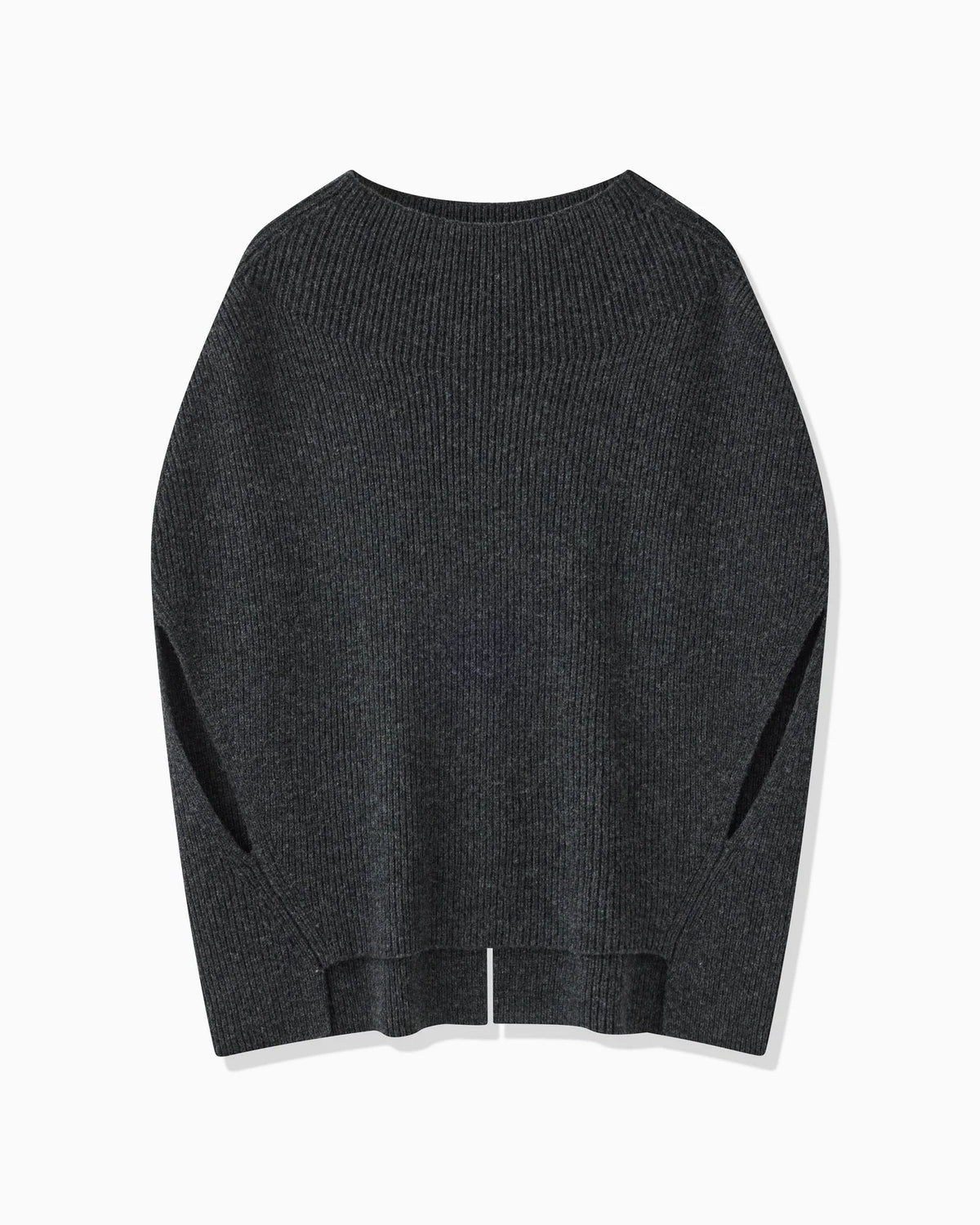 WOOL RIB KNIT PONCHO - DARK GRAY
