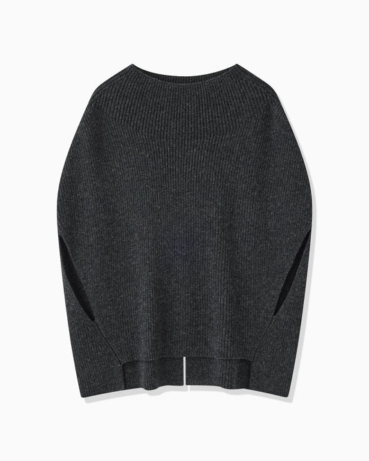 WOOL RIB KNIT PONCHO - DARK GRAY