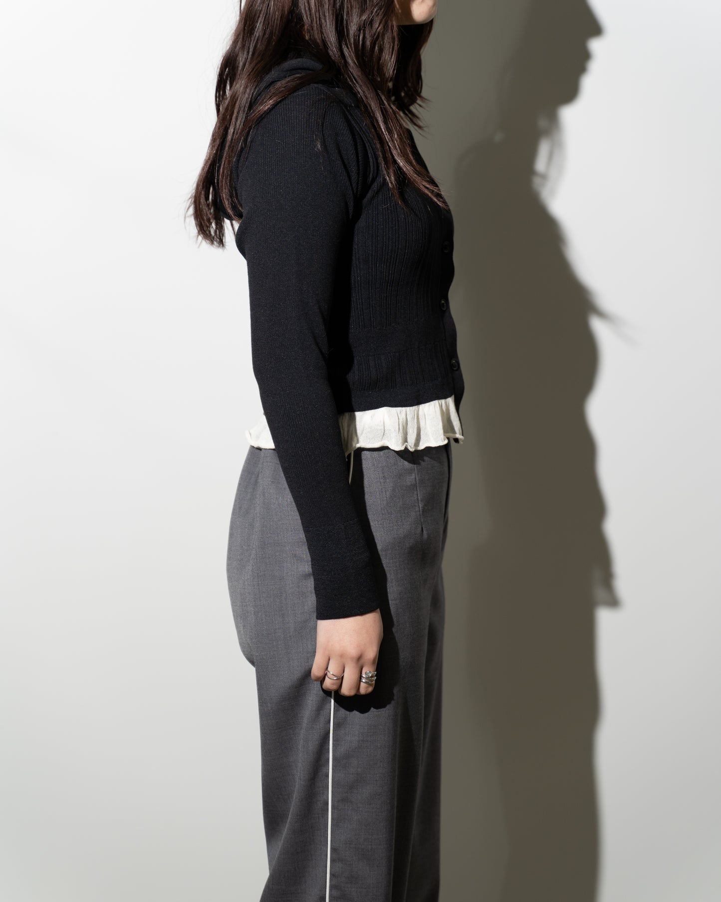 16G RIB HOOD CARDIGAN - BLACK