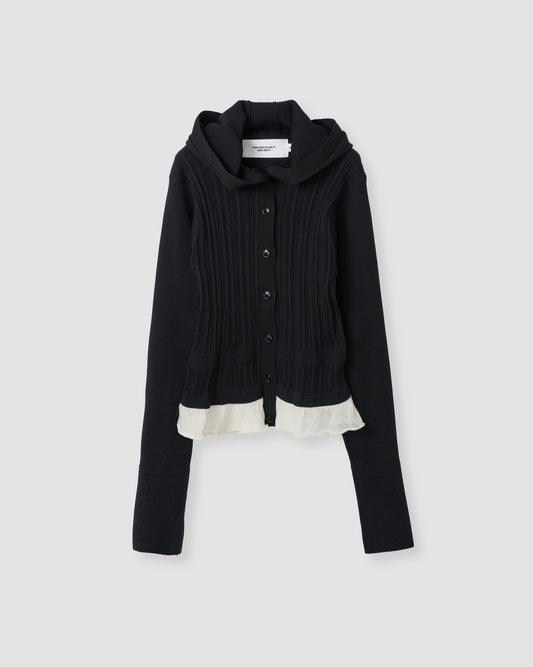 16G RIB HOOD CARDIGAN - BLACK