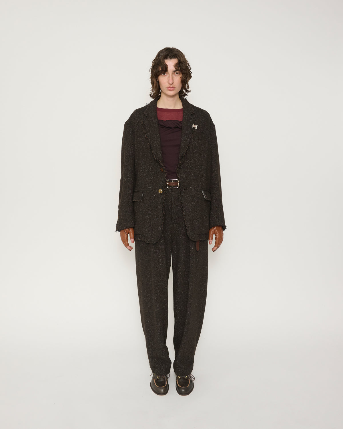 GARMENT WASHED SILKNEP TWEED JACKET - DARK BROWN