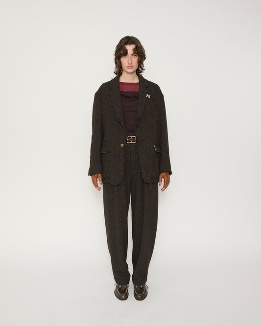GARMENT WASHED SILKNEP TWEED JACKET - DARK BROWN