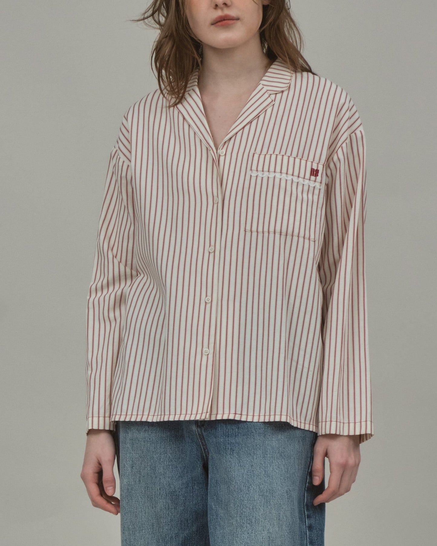 STRIPE OPEN COLLAR SHIRT - GRAY