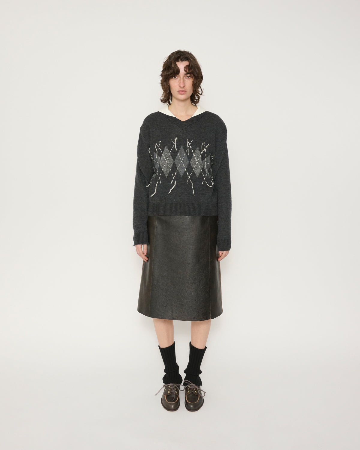 7G DOUBLE JACQUARD ARGYLE V NECK SWEATER - GRAY