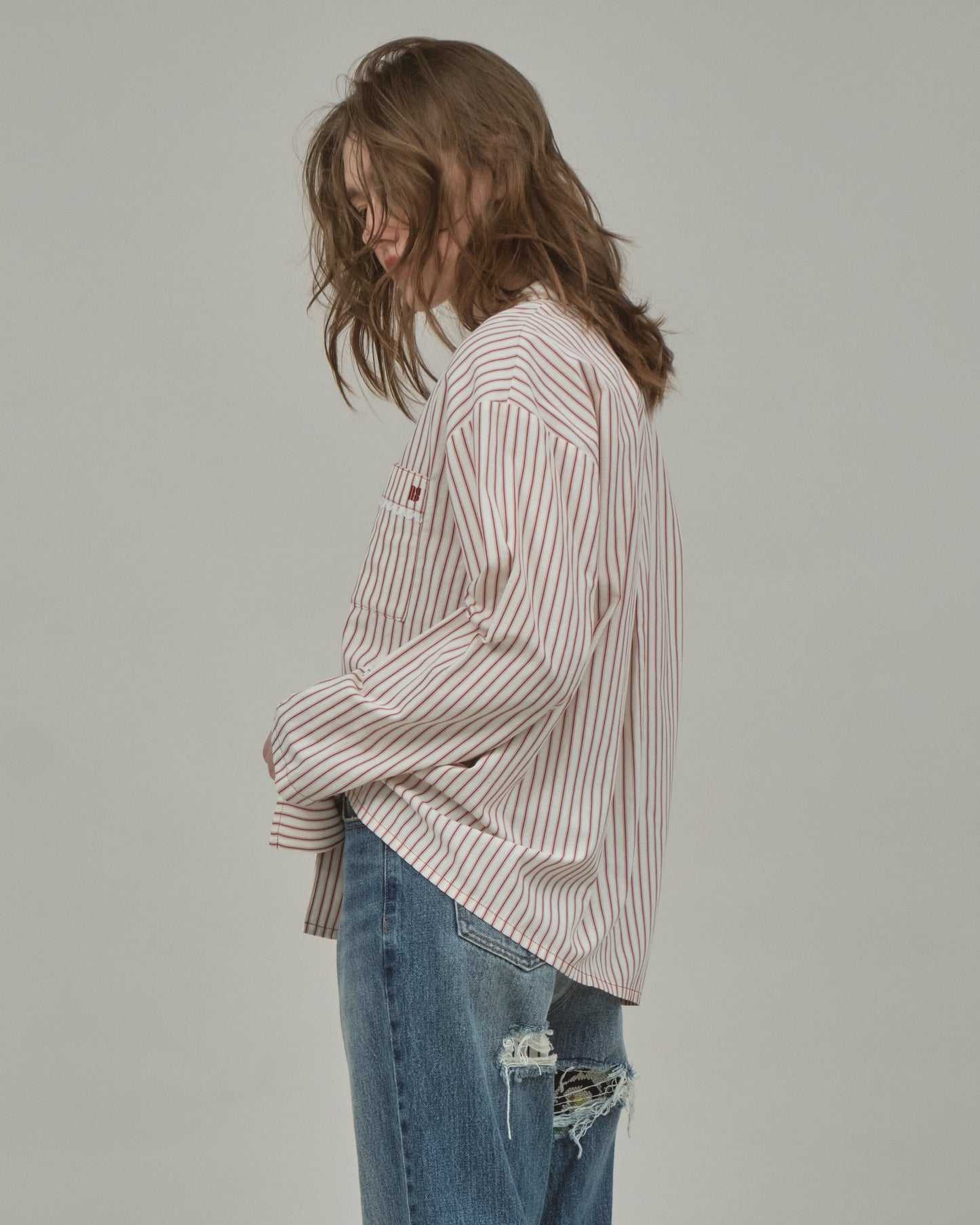 STRIPE OPEN COLLAR SHIRT - GRAY