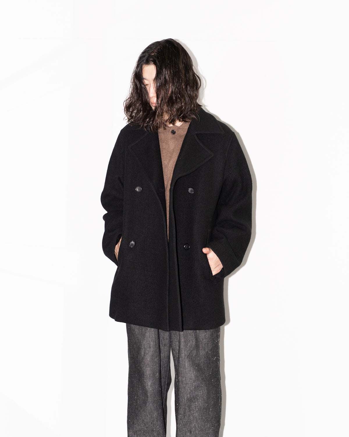 MELTON PEA COAT - BLACK