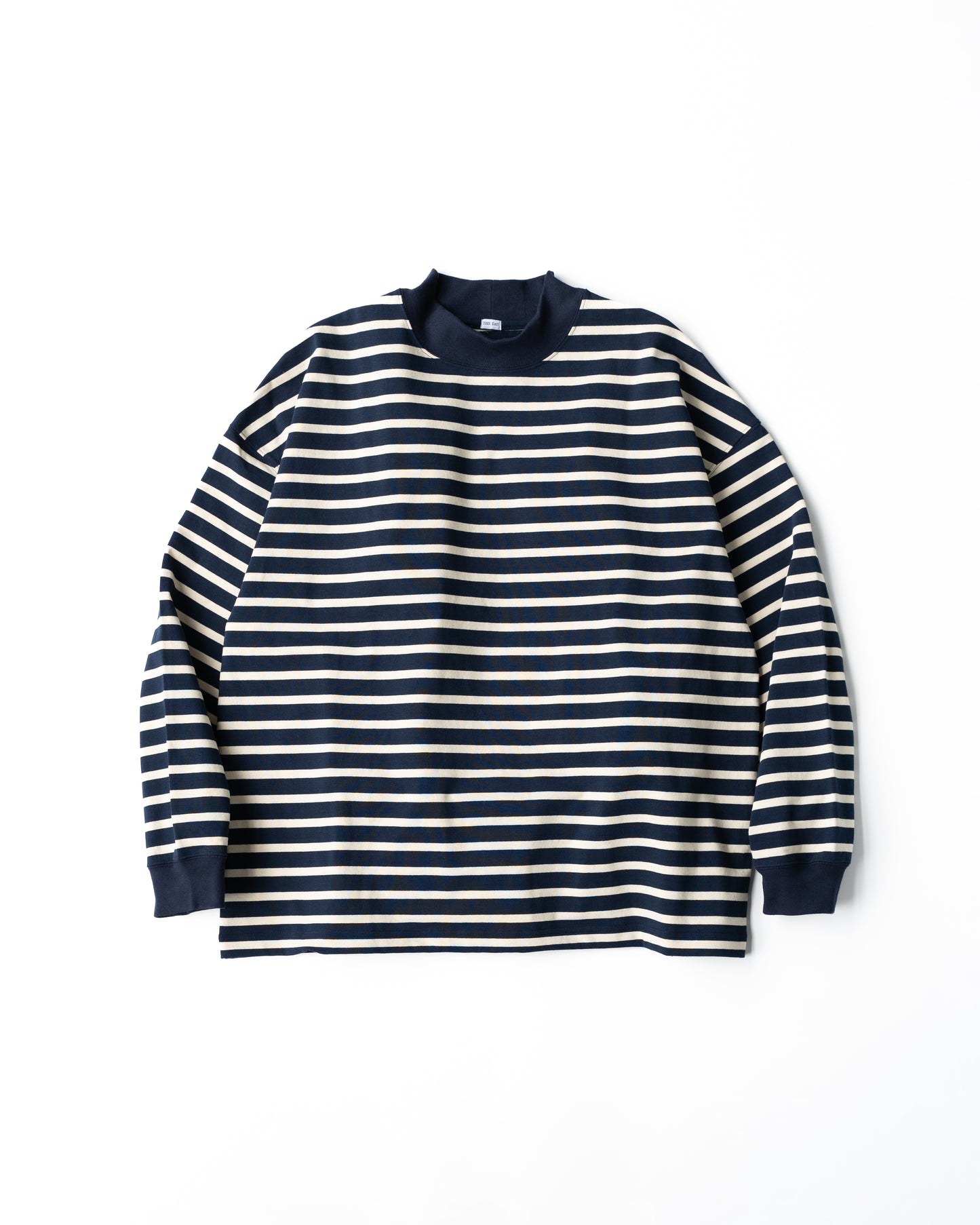 MOCK NECK BORDER LONG SLEEVE T-SHIRT - NAVY