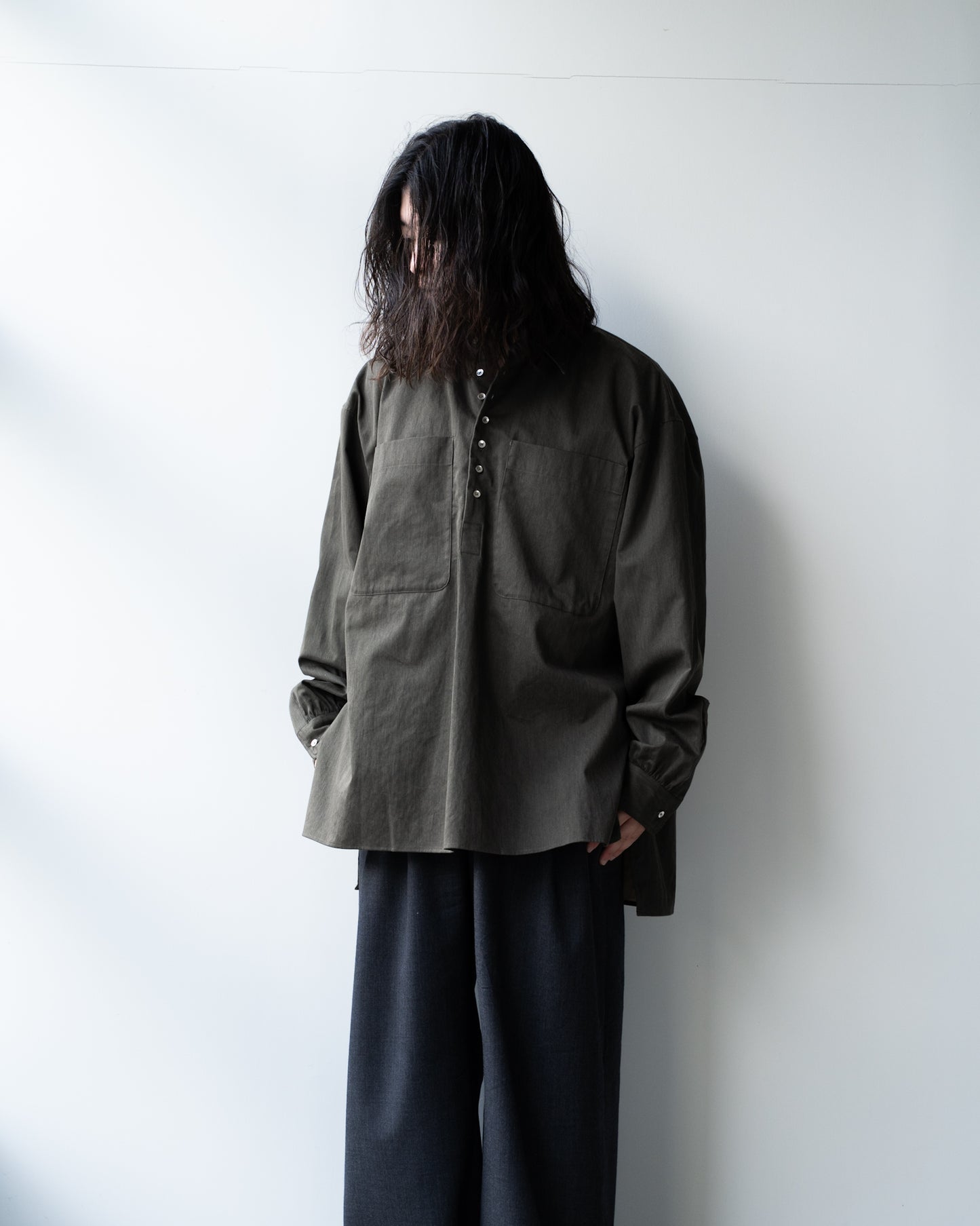 COTTN DYED SATIN OVER SIZE PULL OVER SHIRTS - KHAKI