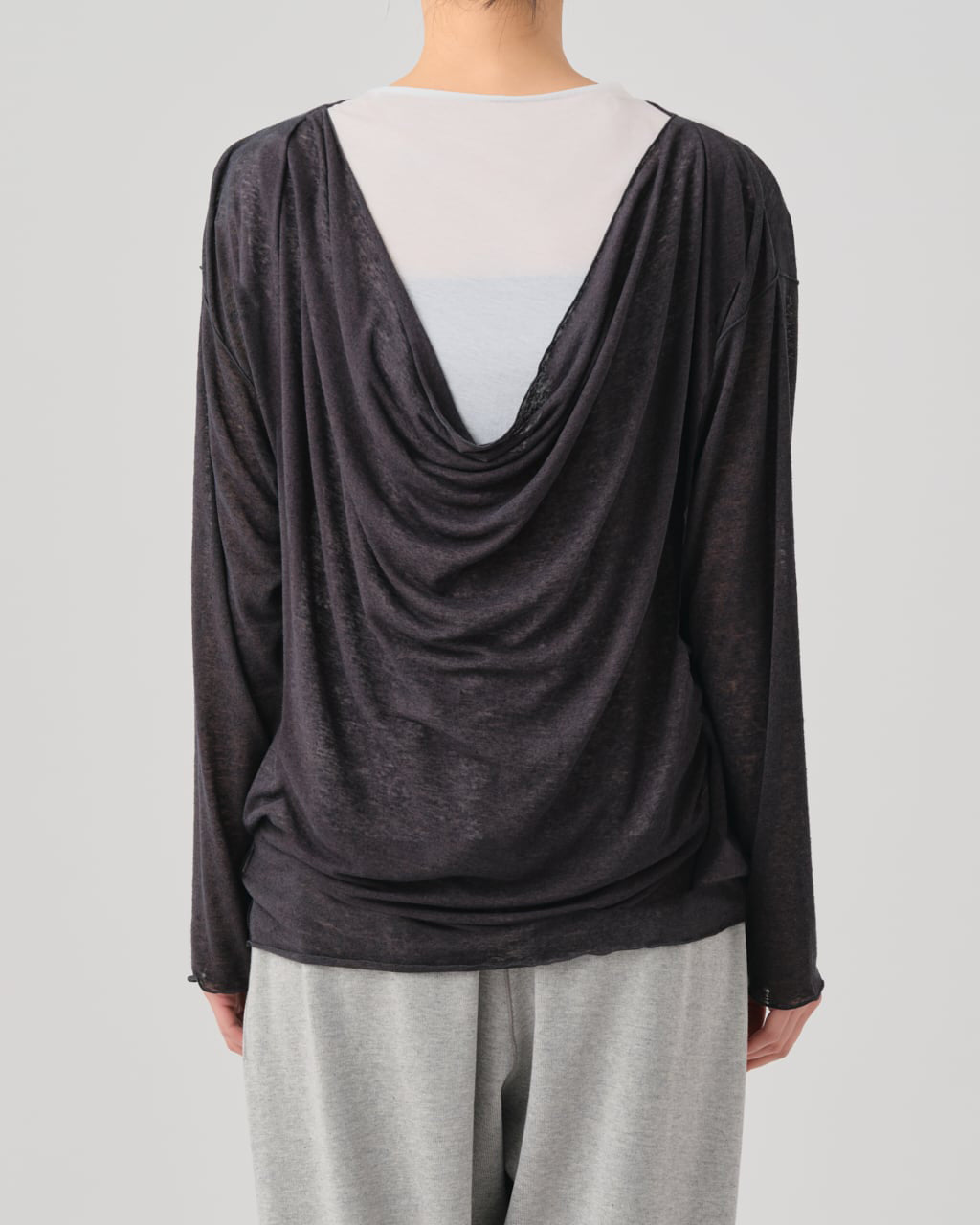 LINEN COVERED POLYESTER CORE FINE JERSEY DRAPED LONG SLEEVEPULL OVER - CHARCOAL GRAY