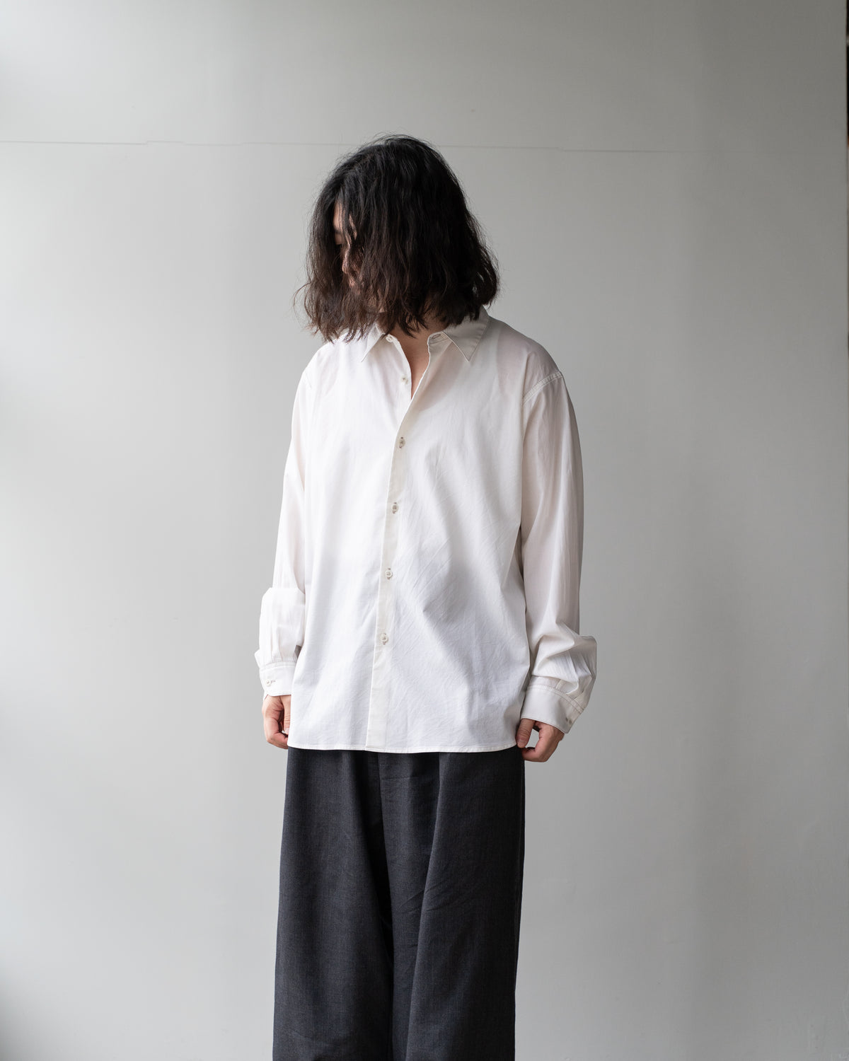 COTTON WOOL PLAIN REGULAR SHIRT - ECRU