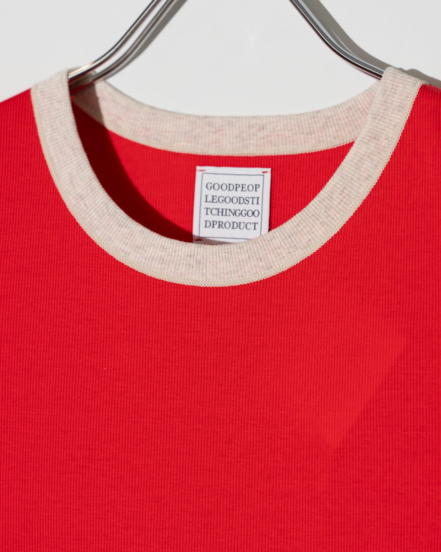 FRESCA ZERO LIGHT RIB CREW NECK SHORT SLEEVE T - P.RED×BEIGE TOP