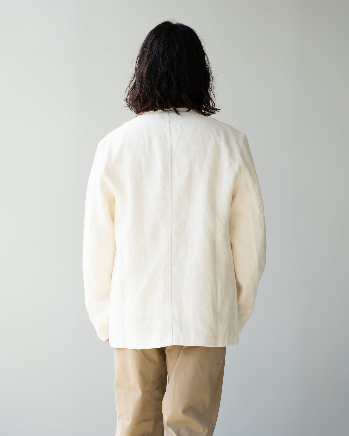 LEATHER COLLAR LINEN SHIRT JACKET - OFF WHITE