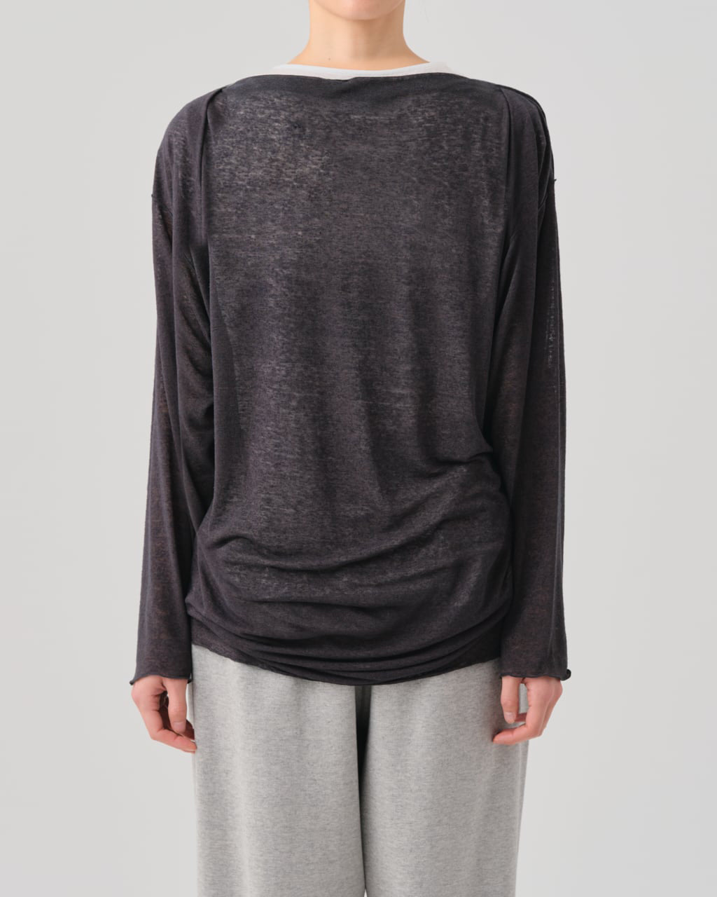 LINEN COVERED POLYESTER CORE FINE JERSEY DRAPED LONG SLEEVEPULL OVER - CHARCOAL GRAY