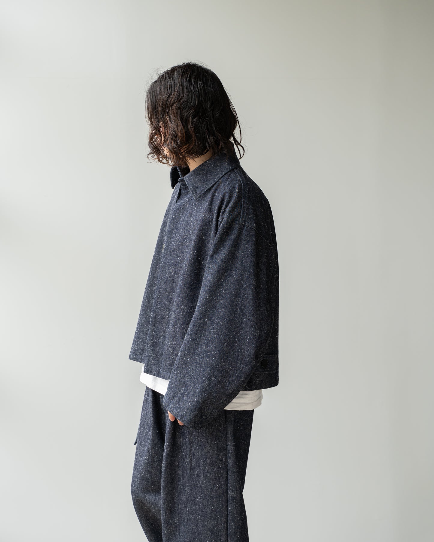 SILK DENIM SHORT COAT - NAVY