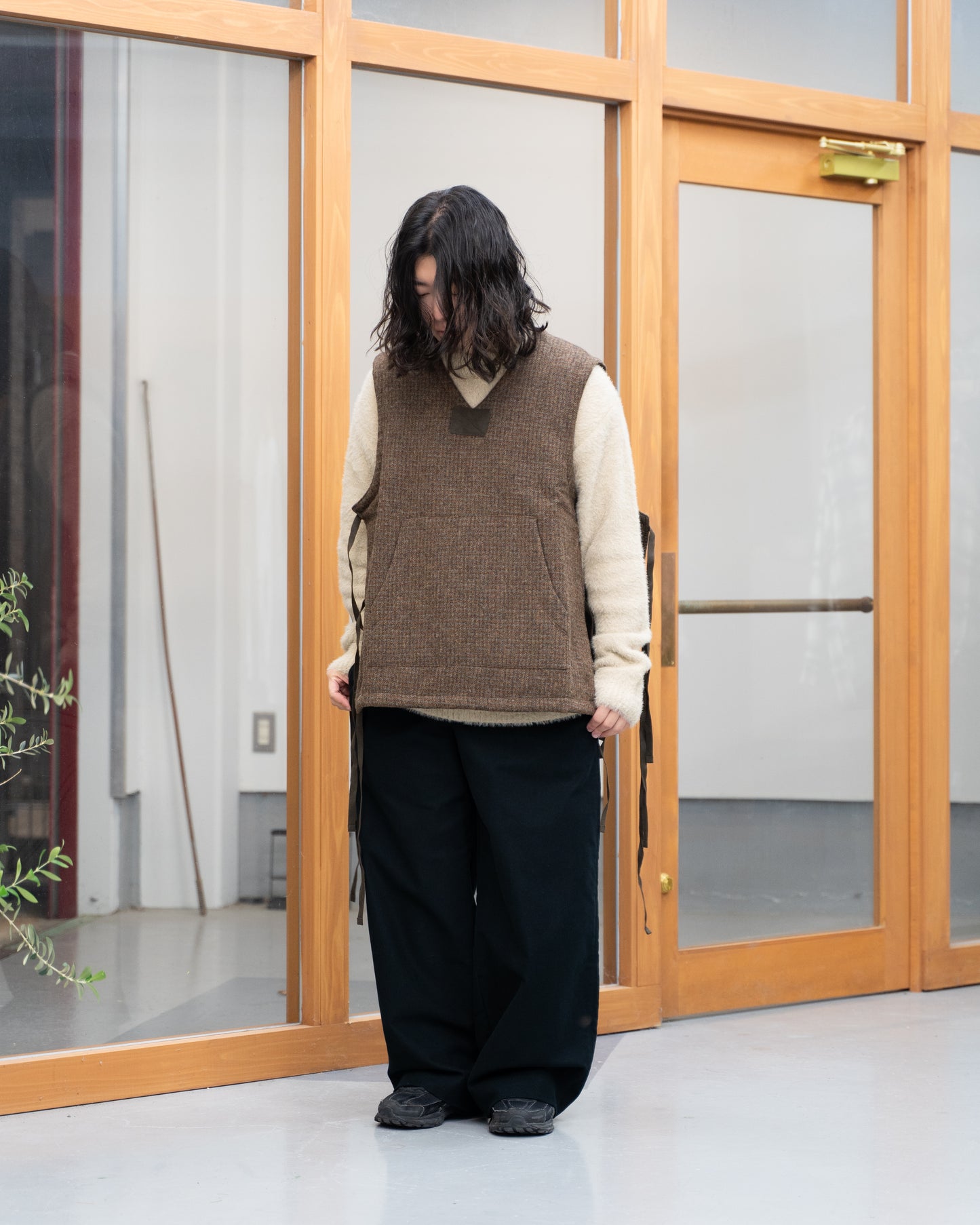 TWEED CHECK WOOLEN VEST - FOREST BROWN