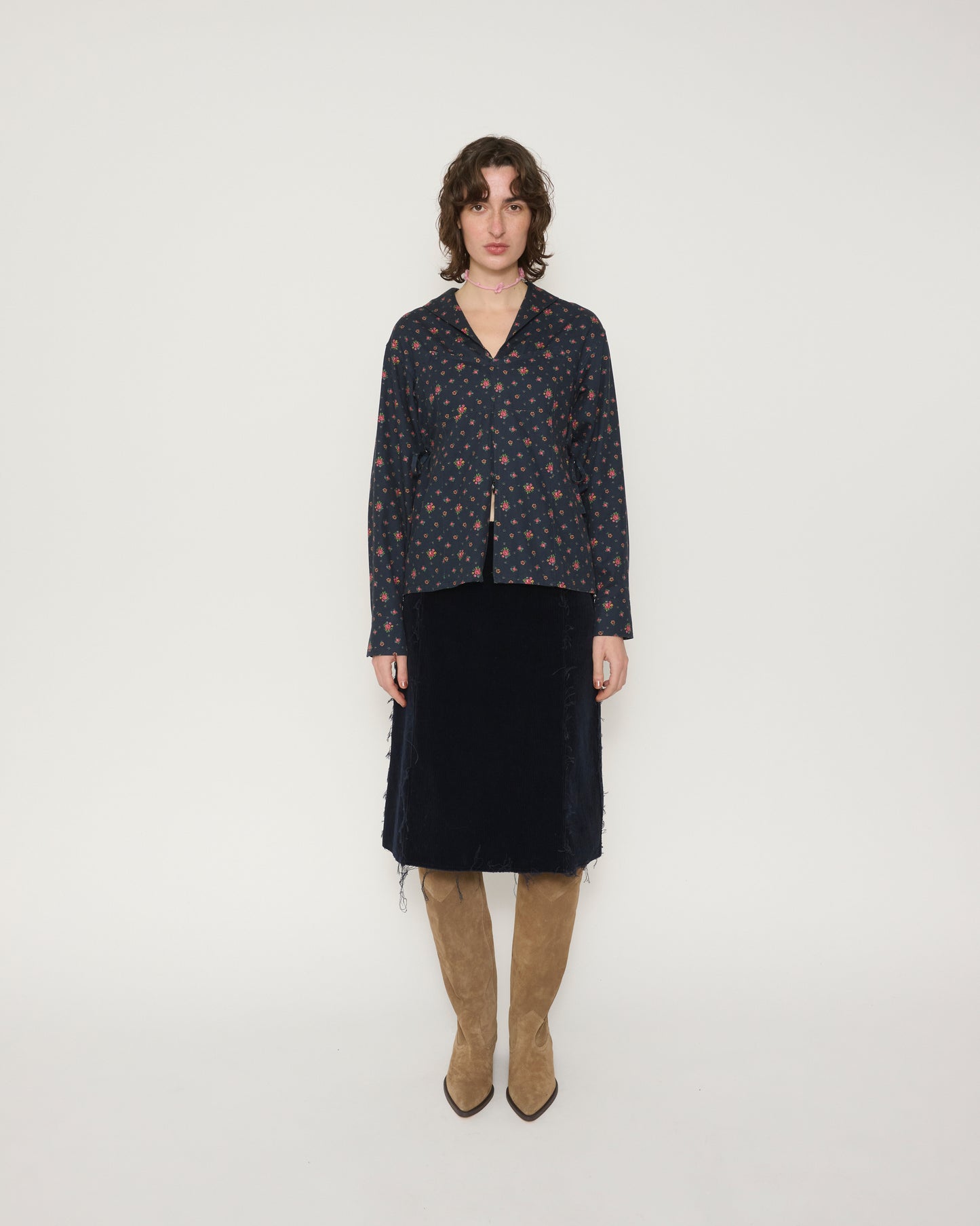 FLOWER PRINT SAILOR COLLAR SHIRT - NAVY