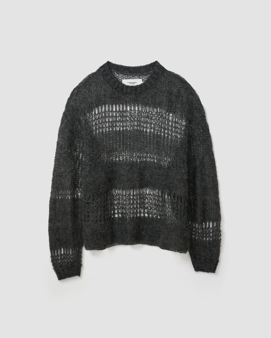 MOHAIR RANDOM BORDER CREW KNIT - GRAY