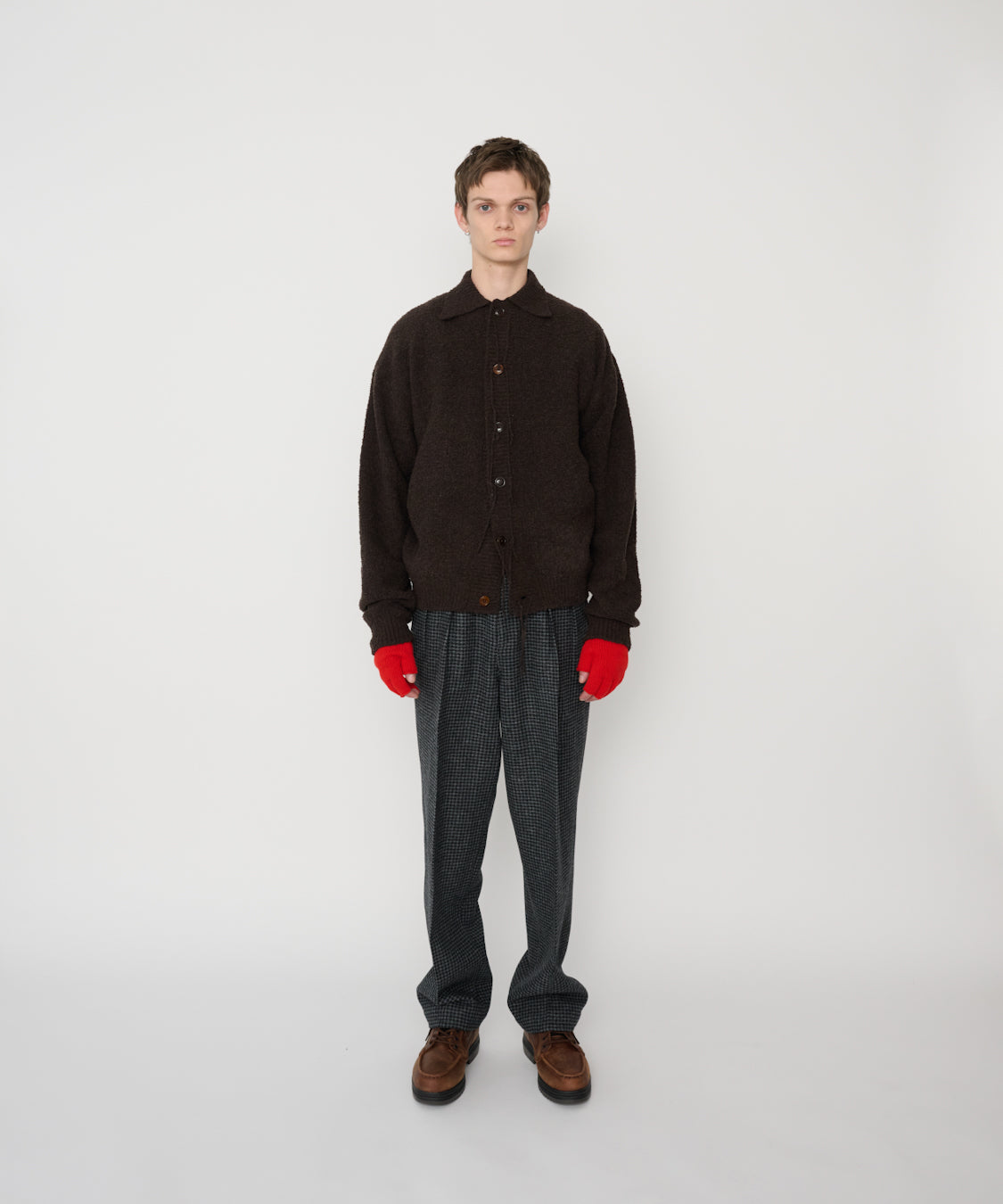 5G REVERSE STICHES POLO COLLAR KNIT CARDIGAN - BROWN