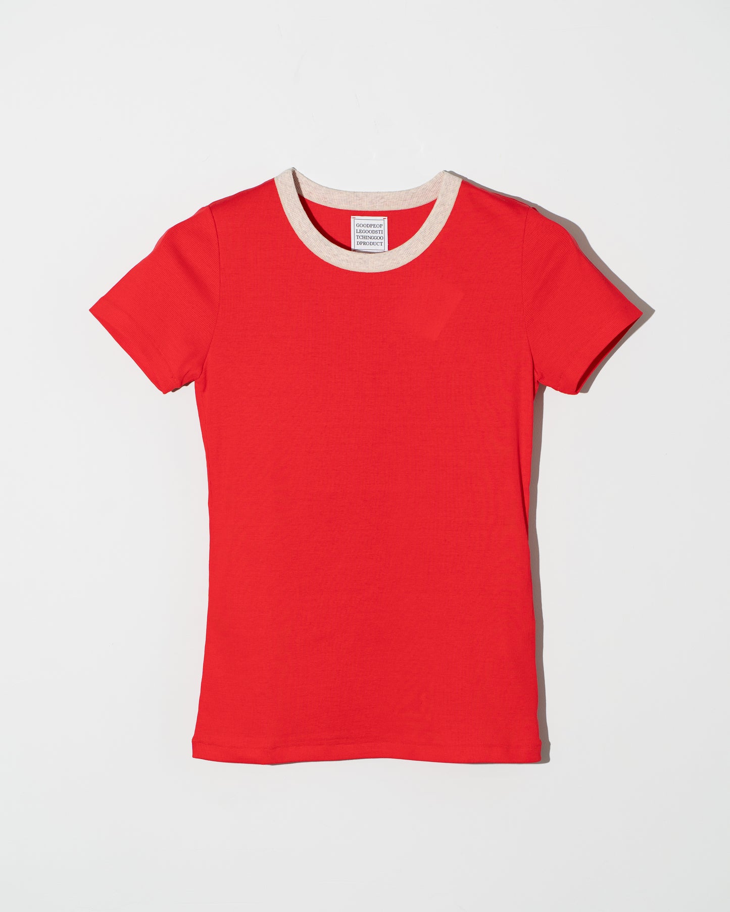 FRESCA ZERO LIGHT RIB CREW NECK SHORT SLEEVE T - P.RED×BEIGE TOP