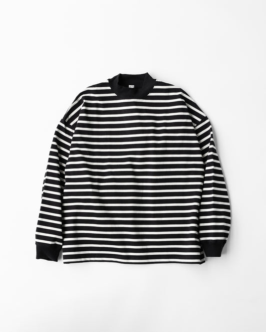 MOCK NECK BORDER LONG SLEEVE T-SHIRT - BLACK