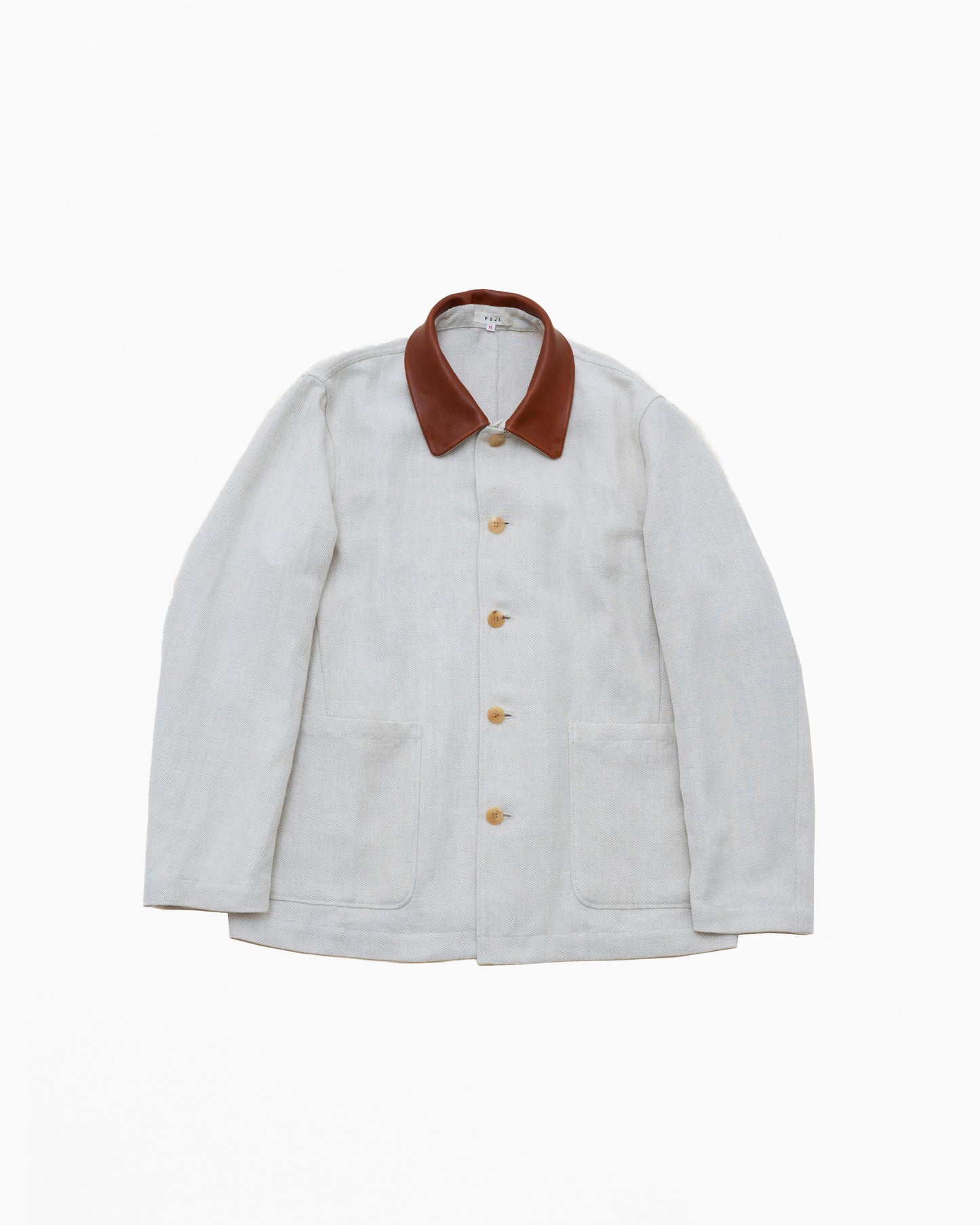 LEATHER COLLAR LINEN SHIRT JACKET - OFF WHITE