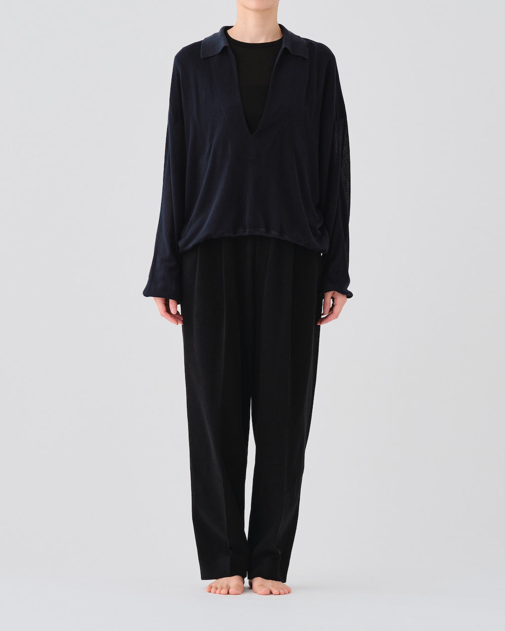 TENCEL CASHMERE SILK KNIT SKIPPER PULLOVER - NAVY